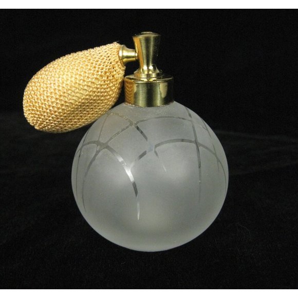 Irice Perfume Bottle Clear Etched Glass Gold Atomizer Spray Japan I W Rice VTG - Picture 2 of 12